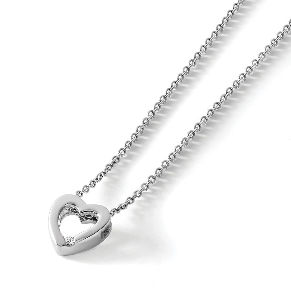 Sterling Silver White Ice Rhodium-Plated Diamond 18 Inch Heart Necklace With 2 Extender