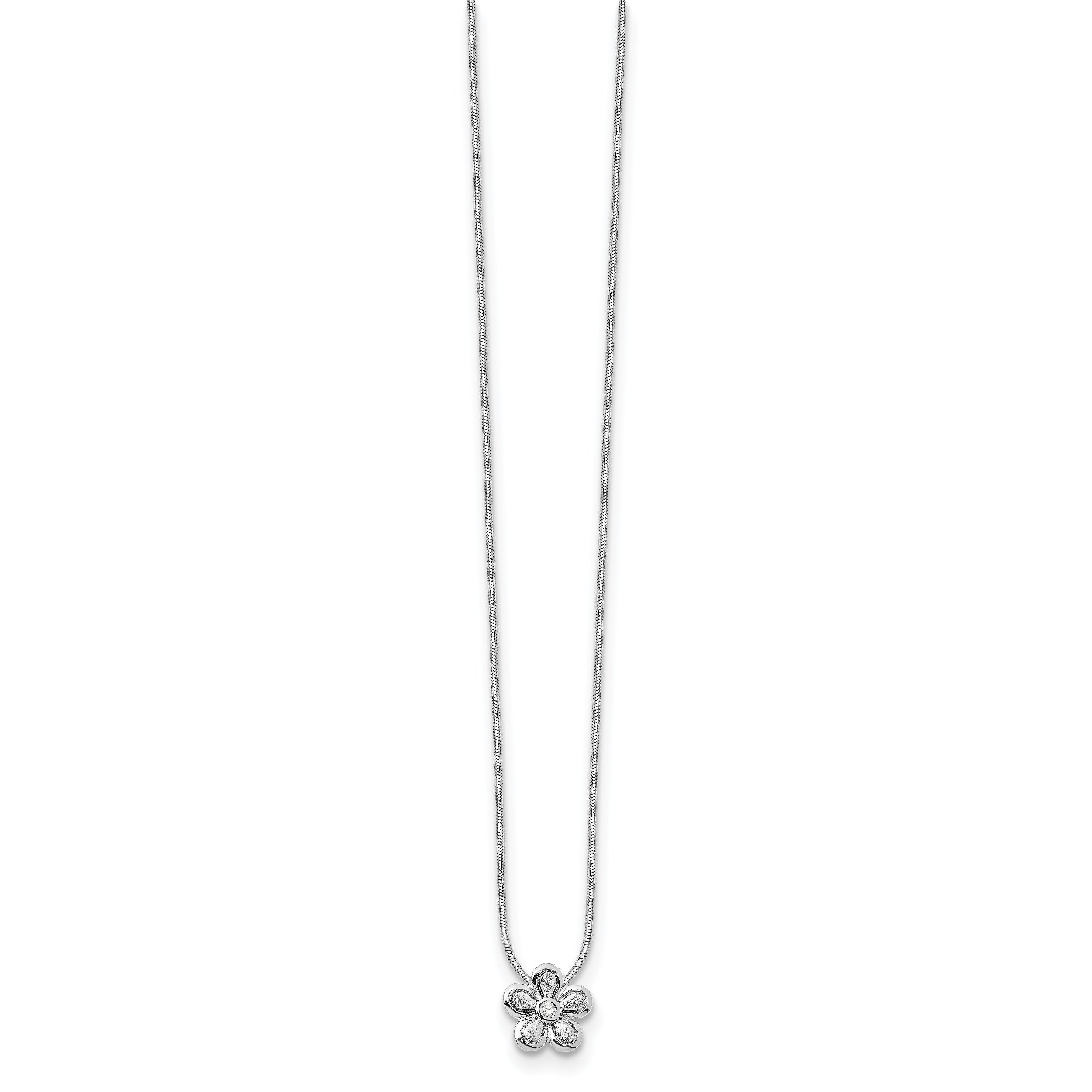Sterling Silver White Ice Rhodium Plated Satin And Polished 18 Inch Diamond Flower Necklace With 2 Extender