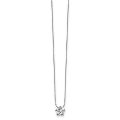 Sterling Silver White Ice Rhodium Plated Satin And Polished 18 Inch Diamond Flower Necklace With 2 Extender