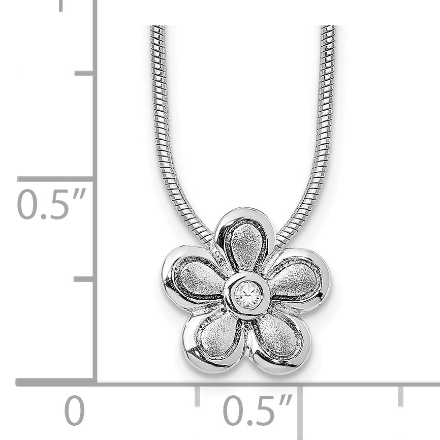 Sterling Silver White Ice Rhodium Plated Satin And Polished 18 Inch Diamond Flower Necklace With 2 Extender