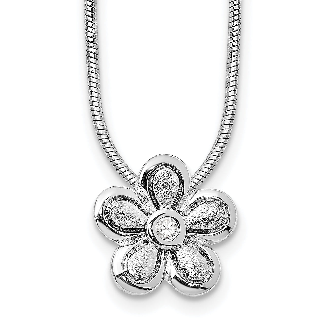 Sterling Silver White Ice Rhodium Plated Satin And Polished 18 Inch Diamond Flower Necklace With 2 Extender