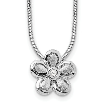 Sterling Silver White Ice Rhodium Plated Satin And Polished 18 Inch Diamond Flower Necklace With 2 Extender