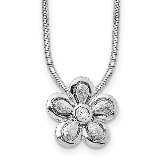 Sterling Silver White Ice Rhodium Plated Satin And Polished 18 Inch Diamond Flower Necklace With 2 Extender