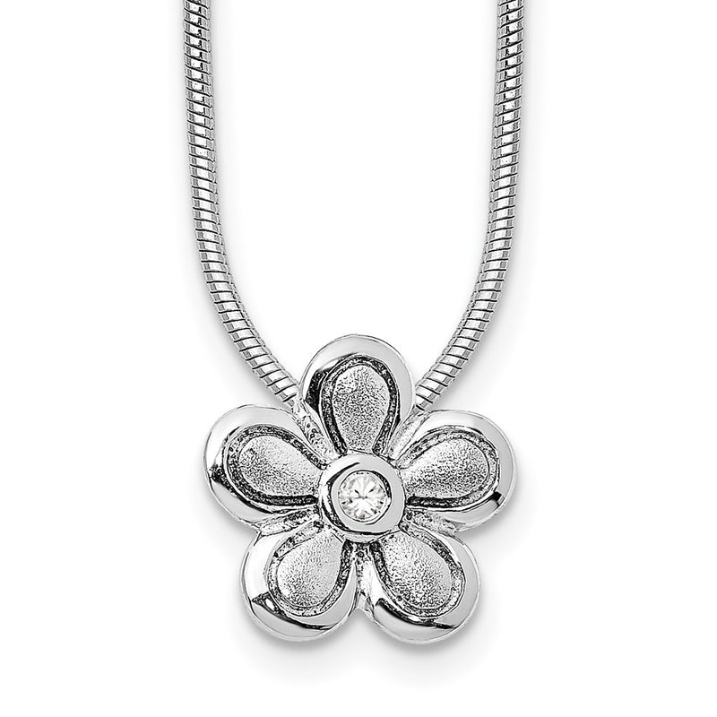 Sterling Silver White Ice Rhodium Plated Satin And Polished 18 Inch Diamond Flower Necklace With 2 Extender