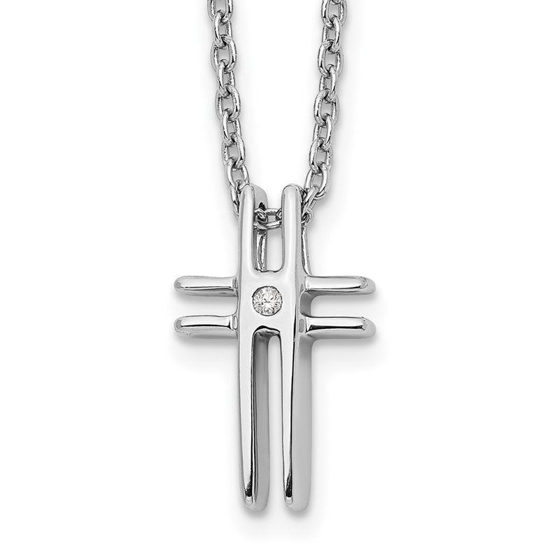 Sterling Silver White Ice Rhodium-Plated 18 Inch Diamond Cross Necklace With 2 Extender