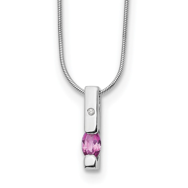 Sterling Silver White Ice Rhodium-Plated 18 Inch Diamond And Pink Tourmaline Necklace With 2 Extender