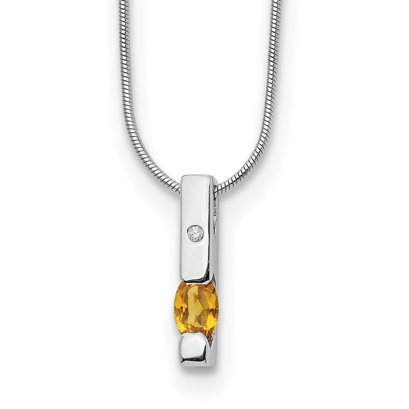 Sterling Silver Rhodium Plated White Ice .02ct. Dia. & Citrine w/2IN Ext Necklac