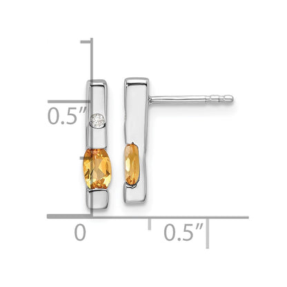 Sterling Silver Rhodium Plated White Ice .02ct. Diamond and Citrine Earrings