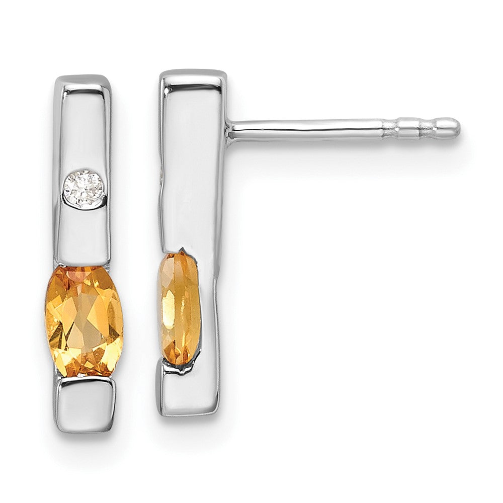 Sterling Silver Rhodium Plated White Ice .02ct. Diamond and Citrine Earrings