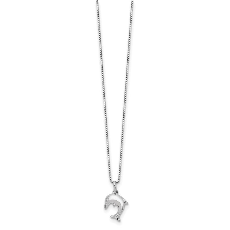 Sterling Silver White Ice Rhodium-Plated 18 Inch Diamond Dolphin Necklace With 2 Extender