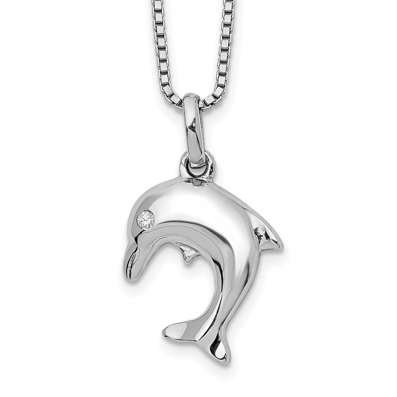 Sterling Silver White Ice Rhodium-Plated 18 Inch Diamond Dolphin Necklace With 2 Extender