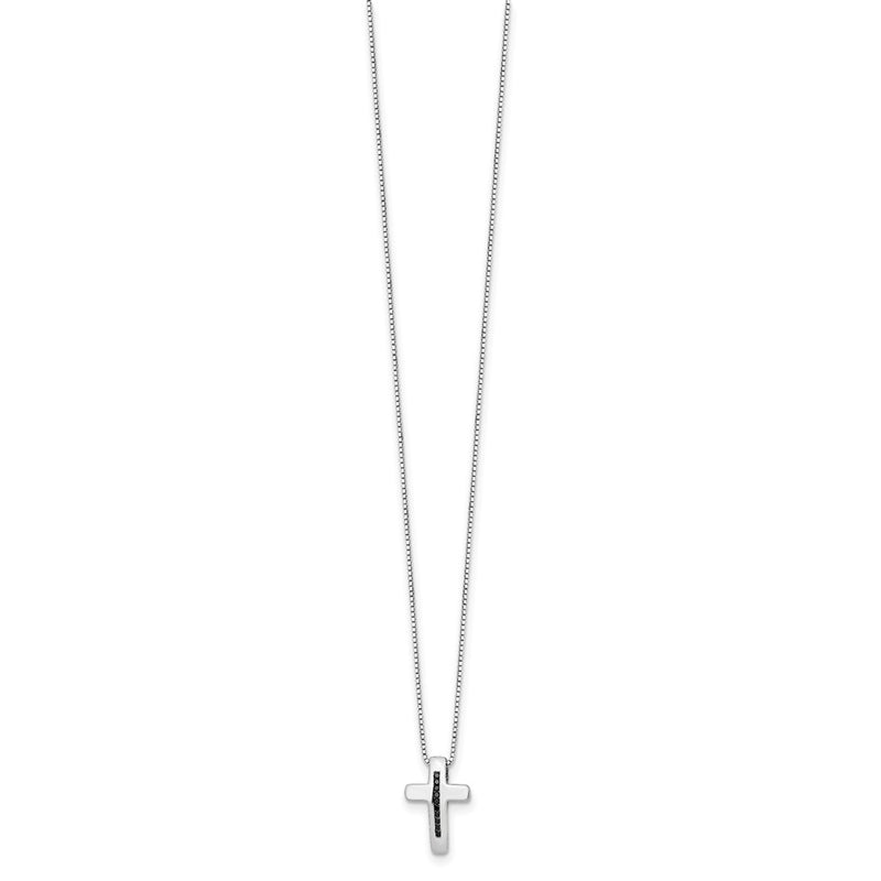 Sterling Silver White Ice Rhodium-Plated 18 Inch Black Diamond Cross Necklace With 2 Extender
