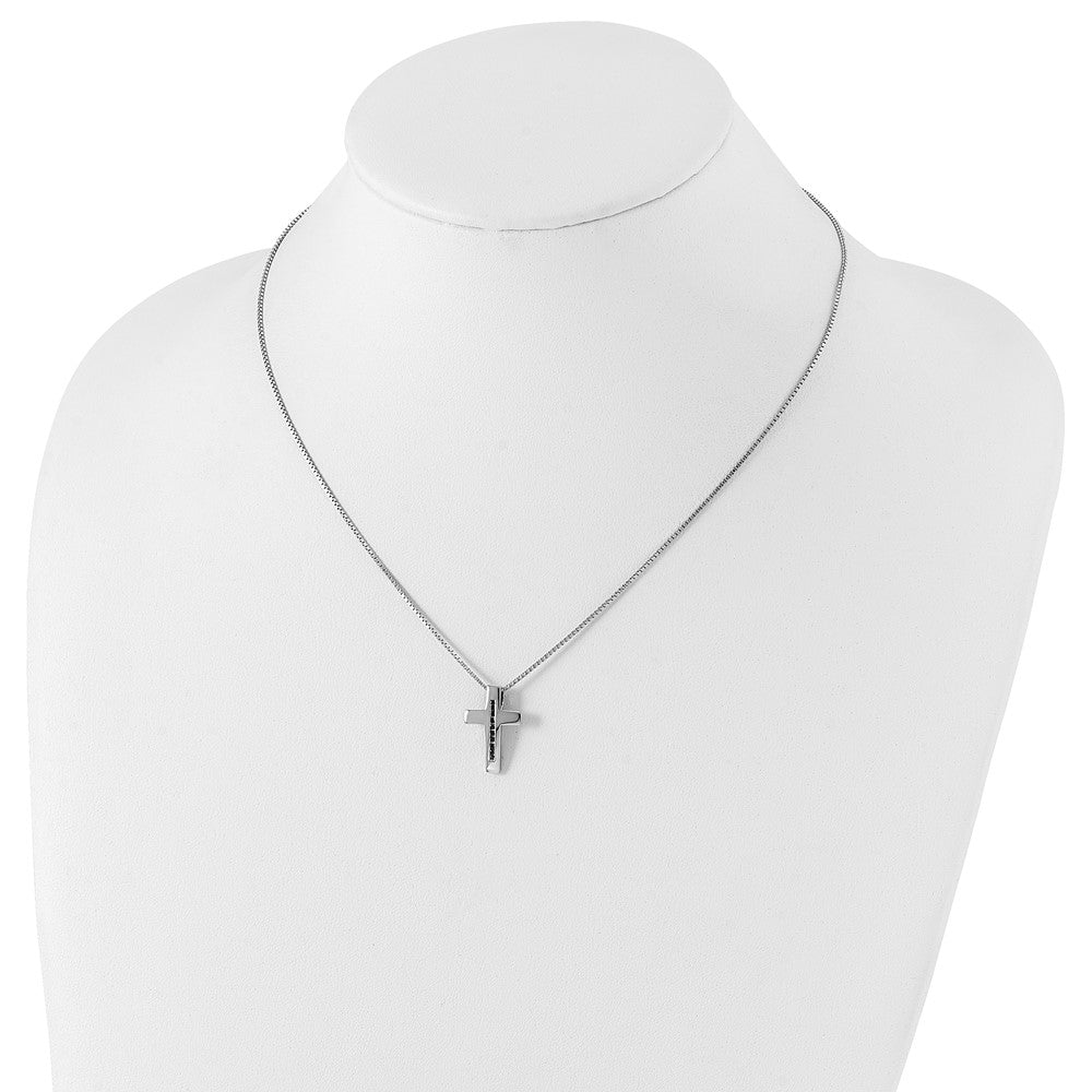 Sterling Silver White Ice Rhodium-Plated 18 Inch Black Diamond Cross Necklace With 2 Extender