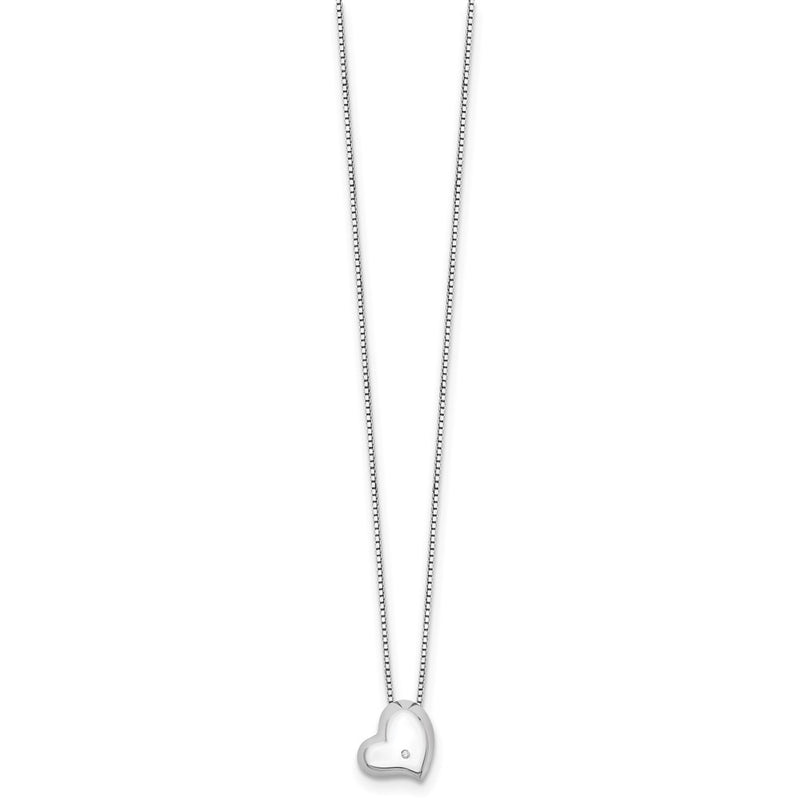 Sterling Silver White Ice Rhodium-Plated Satin And Polished 18 Inch Diamond Heart Necklace With 2 Extender