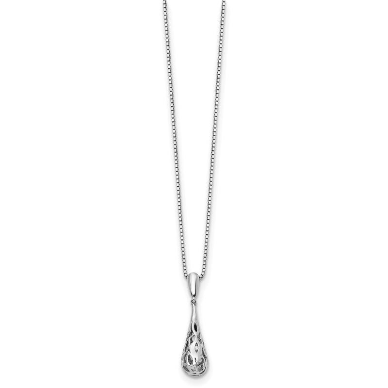 Sterling Silver White Ice Rhodium-Plated 18 Inch Diamond Filigree Teardrop Necklace With 2 Extender
