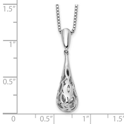 Sterling Silver White Ice Rhodium-Plated 18 Inch Diamond Filigree Teardrop Necklace With 2 Extender