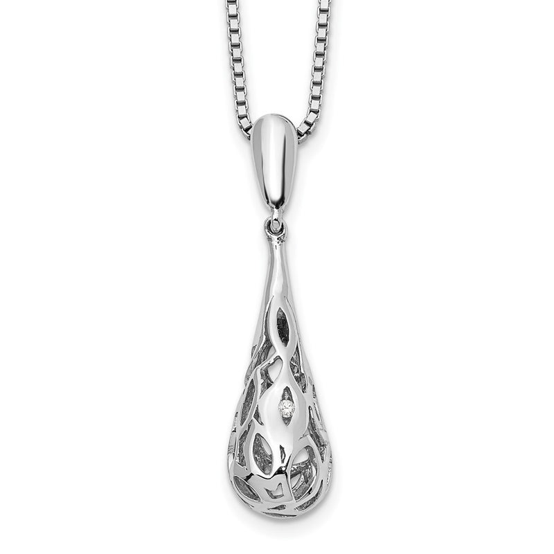 Sterling Silver White Ice Rhodium-Plated 18 Inch Diamond Filigree Teardrop Necklace With 2 Extender