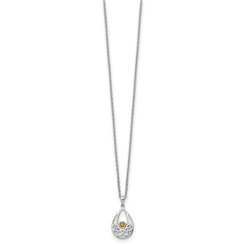 Sterling Silver Rhodium Plated White Ice W/ Citrine w/2IN Ext Necklace