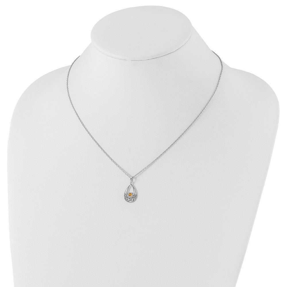Sterling Silver Rhodium Plated White Ice W/ Citrine w/2IN Ext Necklace