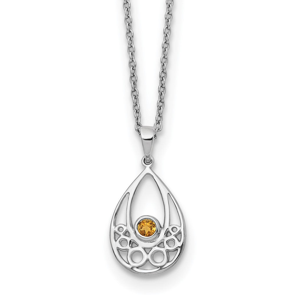 Sterling Silver Rhodium Plated White Ice W/ Citrine w/2IN Ext Necklace