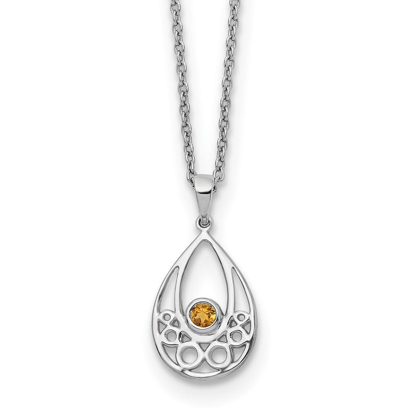 Sterling Silver Rhodium Plated White Ice W/ Citrine w/2IN Ext Necklace