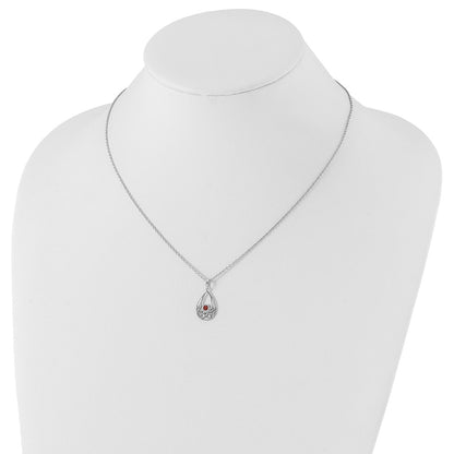Sterling Silver Rhodium Plated White Ice W/ Garnet w/2IN Ext Necklace