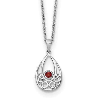 Sterling Silver Rhodium Plated White Ice W/ Garnet w/2IN Ext Necklace
