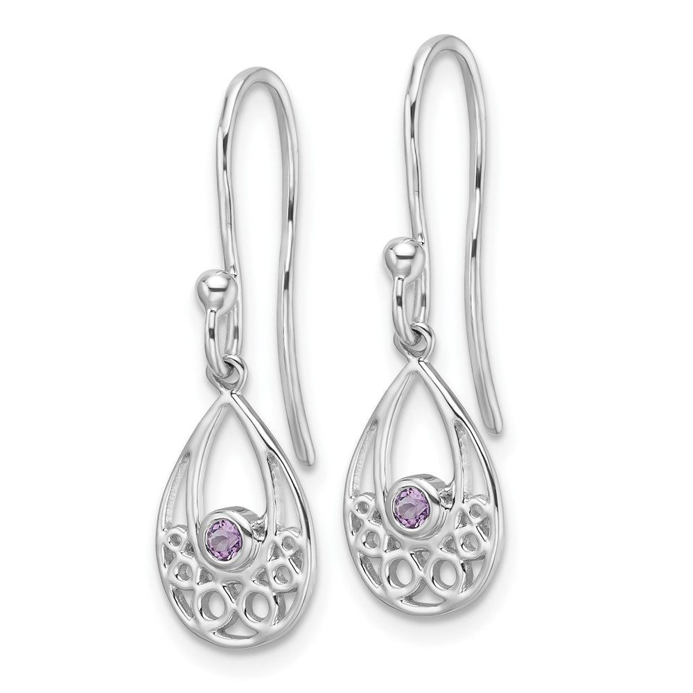 Sterling Silver Rhodium Plated White Ice W/ Amethyst Shepherd Hook Earrings