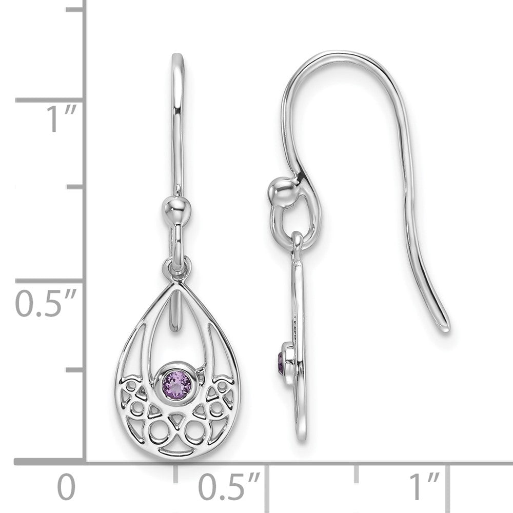 Sterling Silver Rhodium Plated White Ice W/ Amethyst Shepherd Hook Earrings