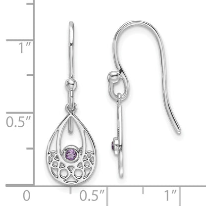 Sterling Silver Rhodium Plated White Ice W/ Amethyst Shepherd Hook Earrings