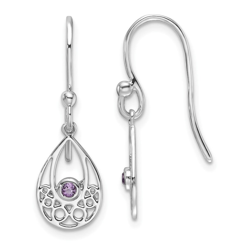 Sterling Silver Rhodium Plated White Ice W/ Amethyst Shepherd Hook Earrings