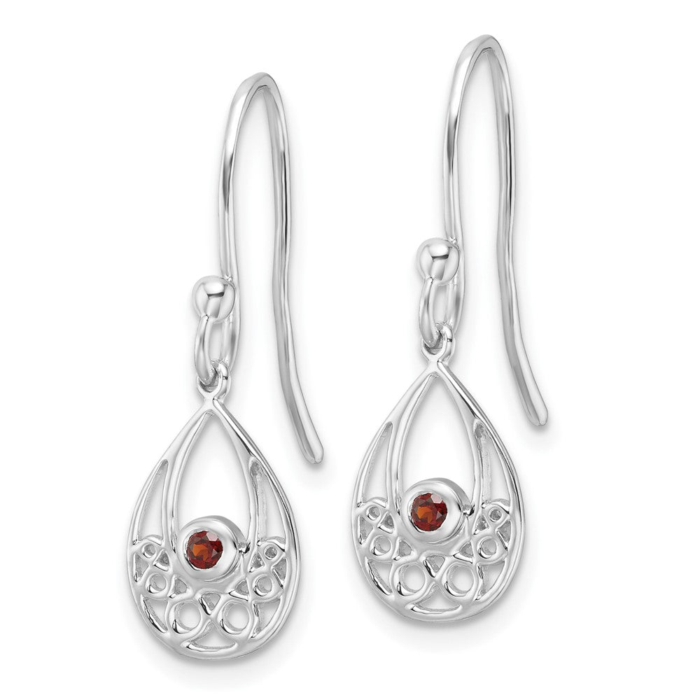 Sterling Silver Rhodium Plated White Ice W/ Garnet Shepherd Hook Earrings