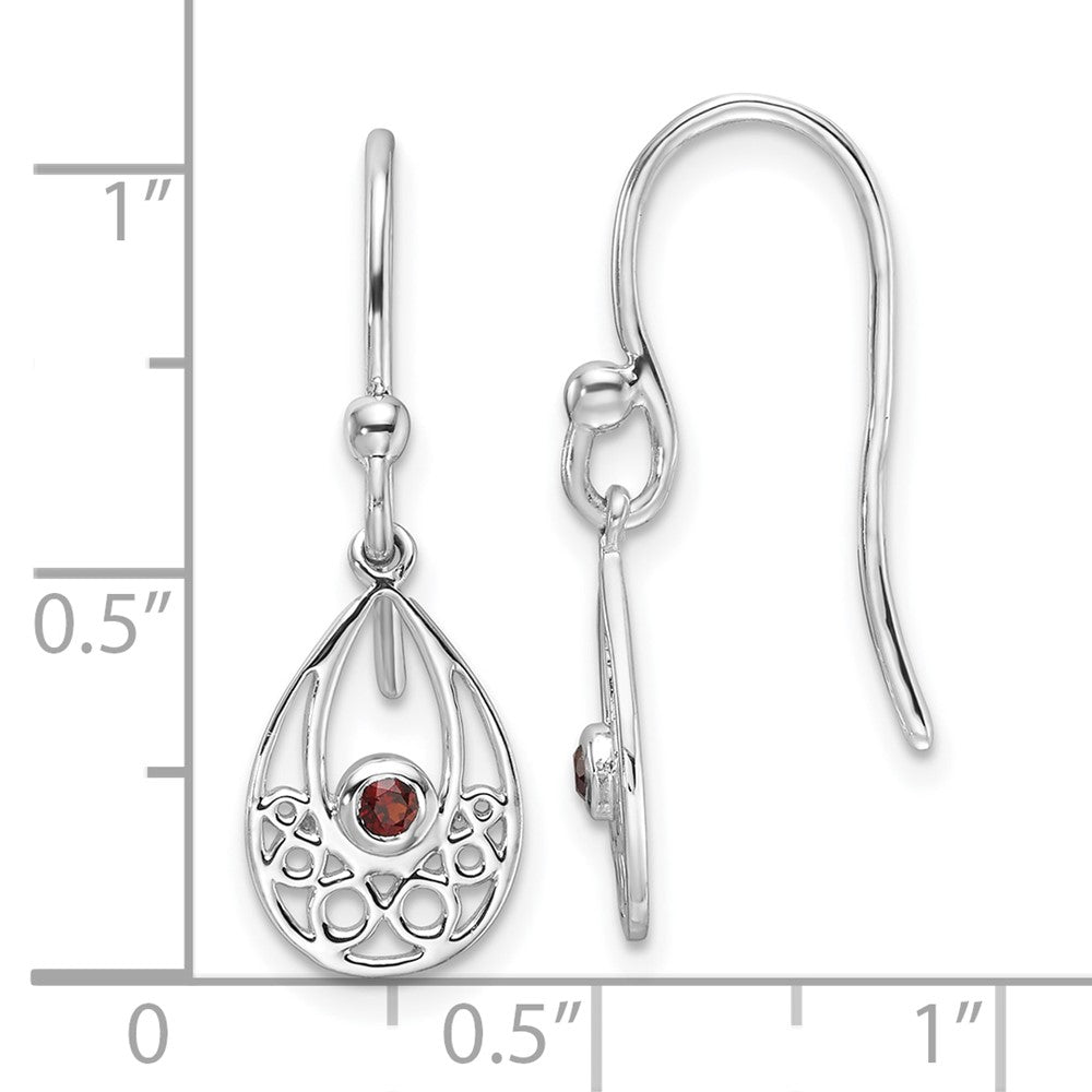 Sterling Silver Rhodium Plated White Ice W/ Garnet Shepherd Hook Earrings