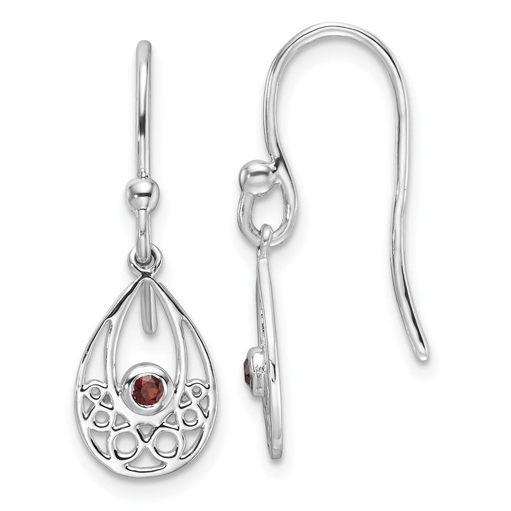 Sterling Silver Rhodium Plated White Ice W/ Garnet Shepherd Hook Earrings