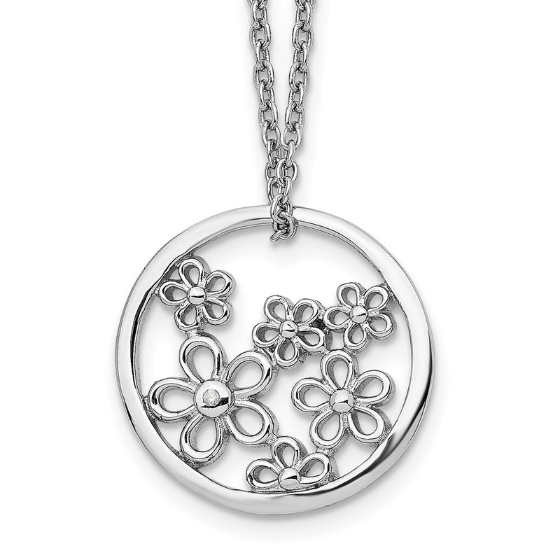 Sterling Silver White Ice Rhodium-Plated 18 Inch Diamond Flower Necklace With 2 Extender