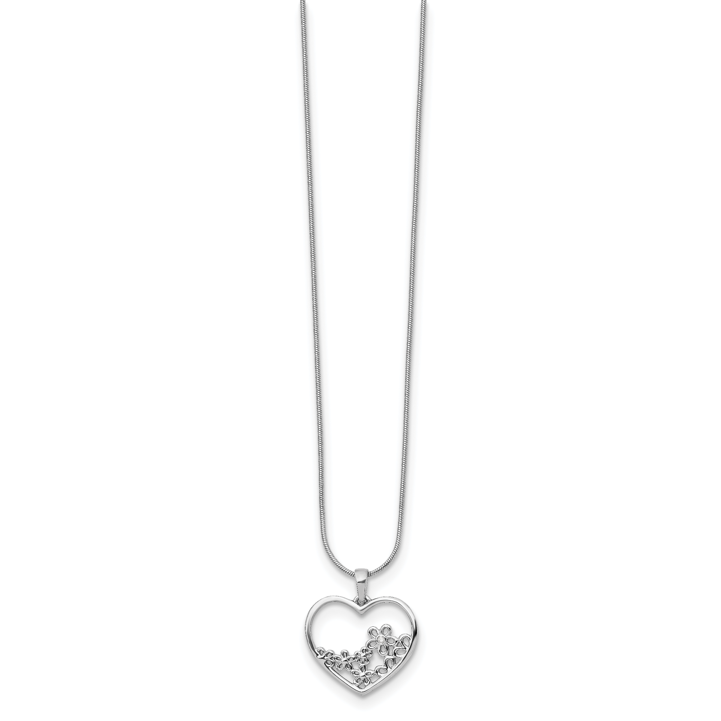 Sterling Silver White Ice Rhodium-Plated Diamond 18 Inch Heart With Flower Center Necklace 2 Extender