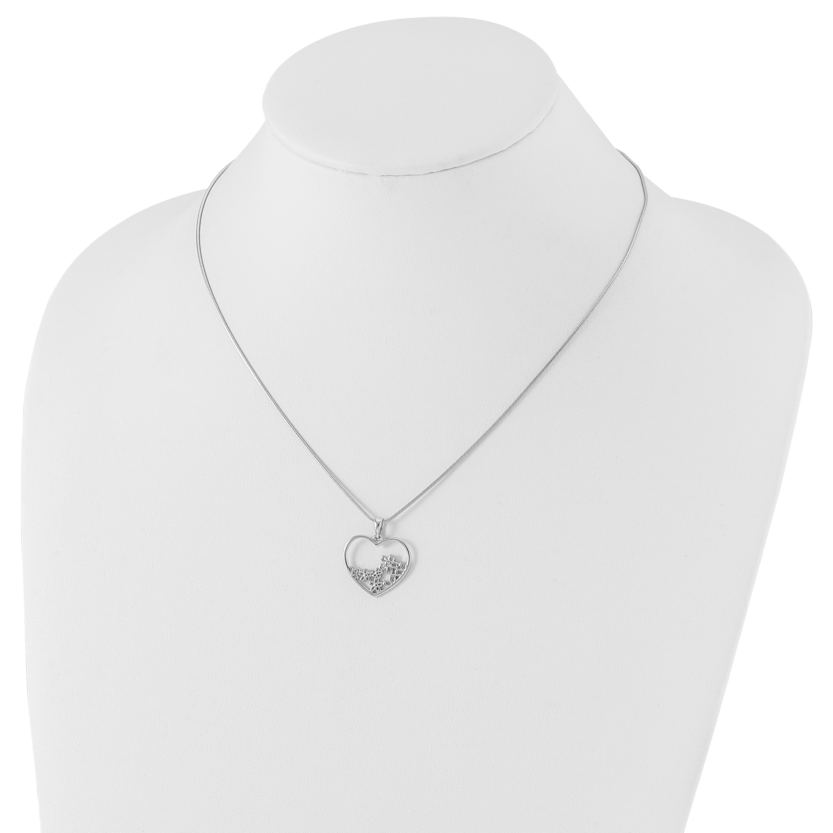 Sterling Silver White Ice Rhodium-Plated Diamond 18 Inch Heart With Flower Center Necklace 2 Extender