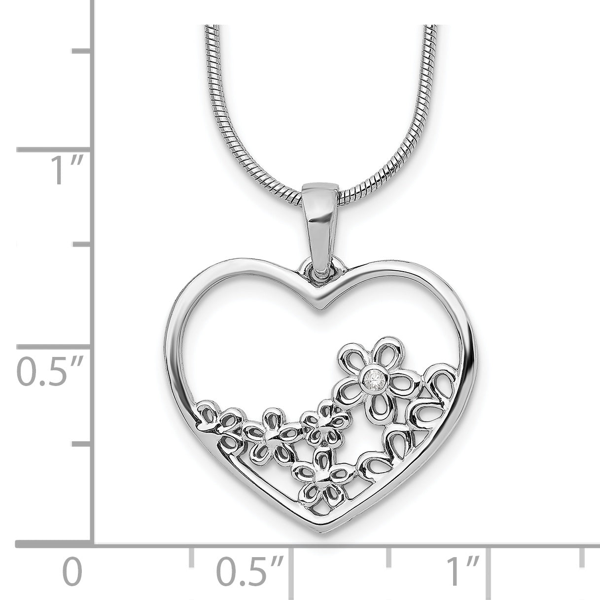 Sterling Silver White Ice Rhodium-Plated Diamond 18 Inch Heart With Flower Center Necklace 2 Extender