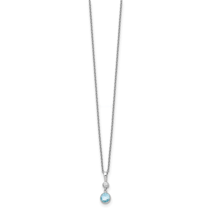 Sterling Silver White Ice Rhodium-Plated 18 Inch Blue Topaz And Diamond Necklace With 2 Extender