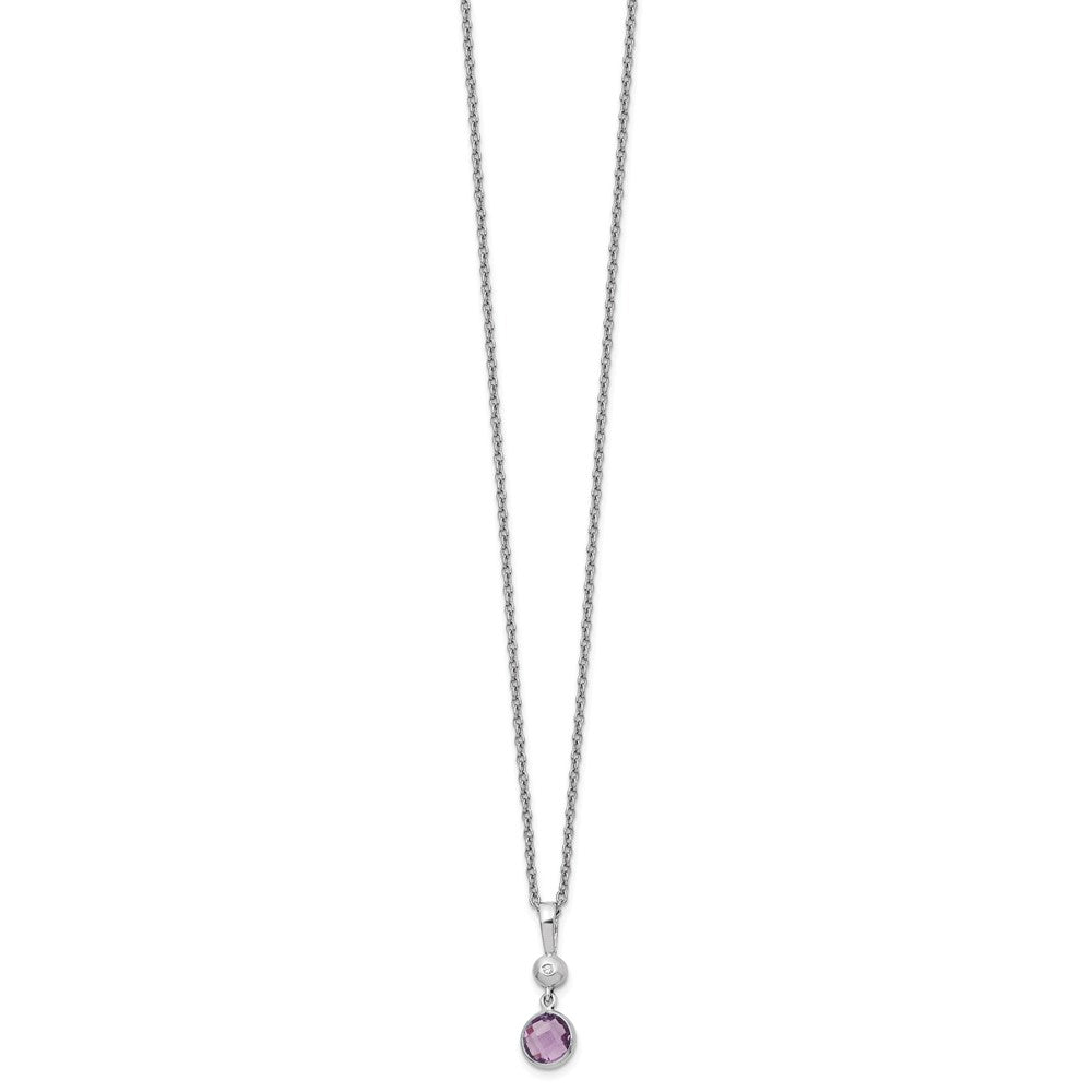 Sterling Silver Rhodium Plated White Ice .01ct. Dia./amethyst w/2IN Ext Necklac