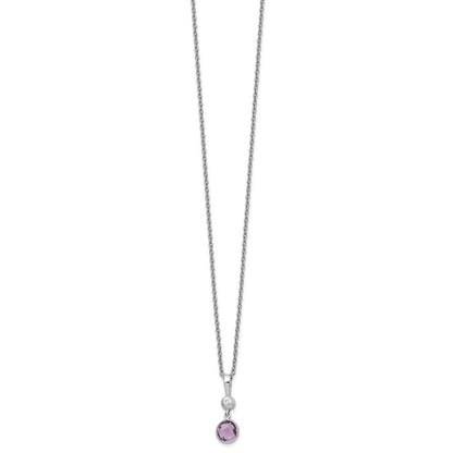 Sterling Silver Rhodium Plated White Ice .01ct. Dia./amethyst w/2IN Ext Necklac