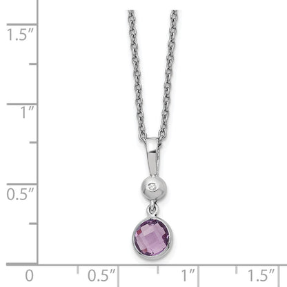 Sterling Silver Rhodium Plated White Ice .01ct. Dia./amethyst w/2IN Ext Necklac