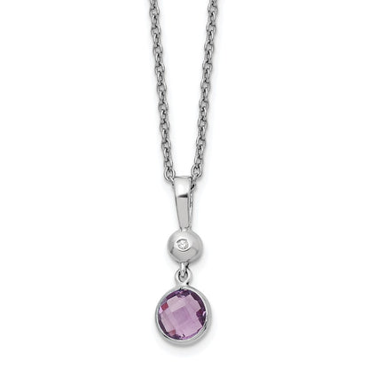 Sterling Silver Rhodium Plated White Ice .01ct. Dia./amethyst w/2IN Ext Necklac