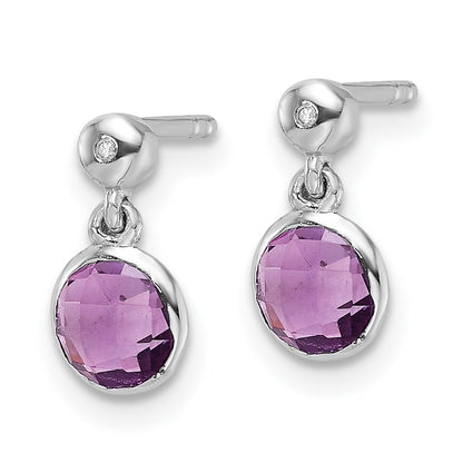 Sterling Silver Rhodium Plated White Ice Diamond and Amethyst Post Earrings