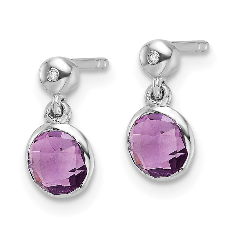 Sterling Silver Rhodium Plated White Ice Diamond and Amethyst Post Earrings