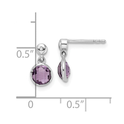 Sterling Silver Rhodium Plated White Ice Diamond and Amethyst Post Earrings