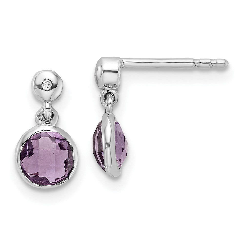 Sterling Silver Rhodium Plated White Ice Diamond and Amethyst Post Earrings