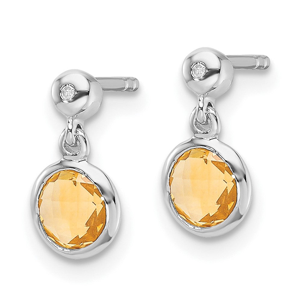 Sterling Silver Rhodium Plated White Ice Diamond and Citrine Post Earrings