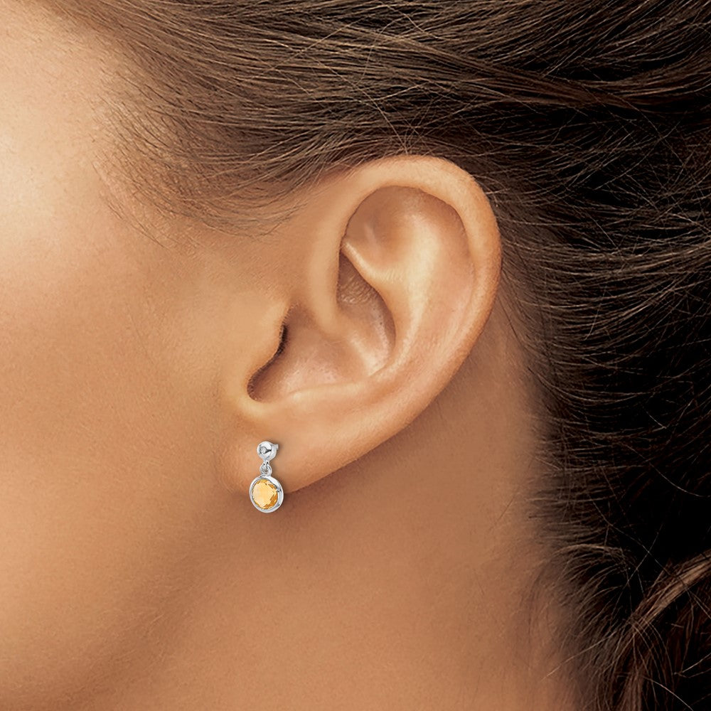 Sterling Silver Rhodium Plated White Ice Diamond and Citrine Post Earrings
