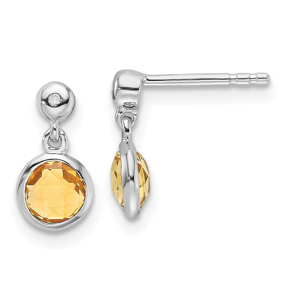 Sterling Silver Rhodium Plated White Ice Diamond and Citrine Post Earrings